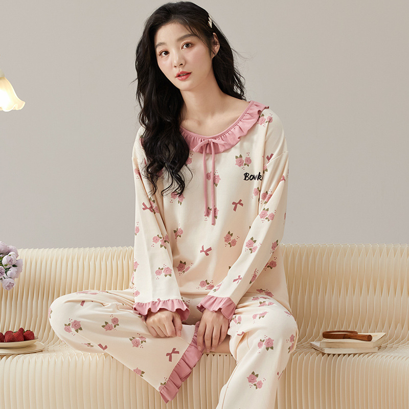 여성 라운드 넥 커버 머리 잠옷 긴 소매 긴 바지 두 벌 달콤 춘추 집 기거 헐