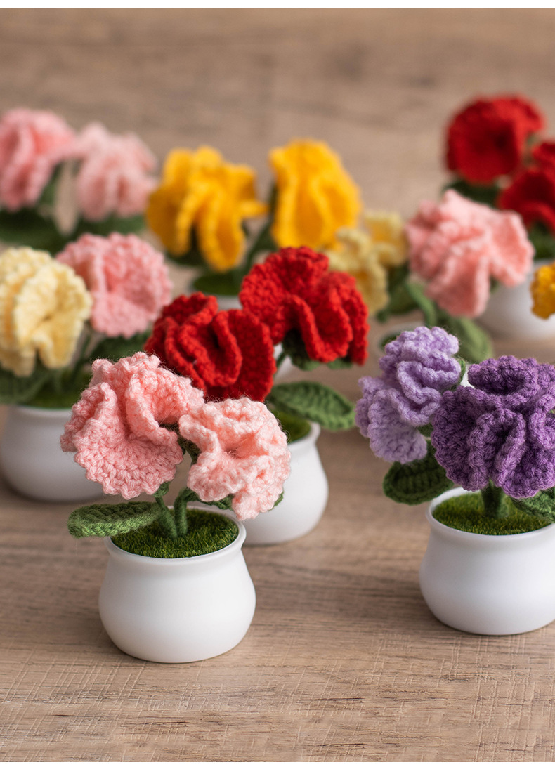 Hand-knitted double-headed carnation potted plants, finished woolen artificial flower ornaments, festival gifts, cross-border bestsellers at stalls pic 13