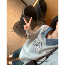 牛仔翻领假两件卫衣·赛犬字母·磨毛中长款套头韩版休闲上衣秋装
