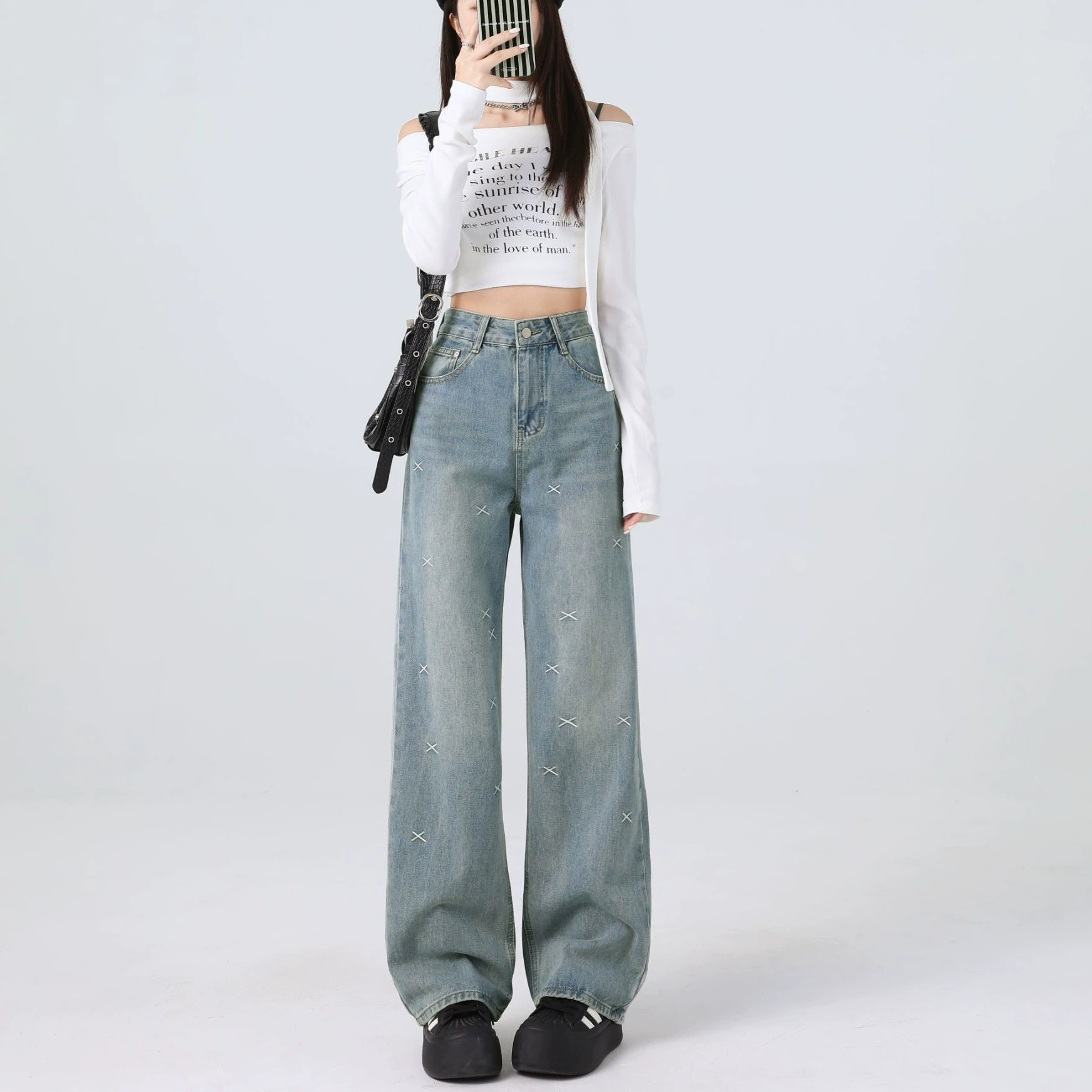 Джинсы с вышивкой плюс размер женский 2024 осень высокая талия свободная толстая, тонкая и покрытая мясом