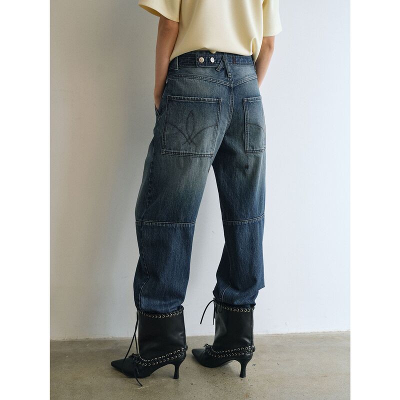 [Time-Sensitive] New Adjustable Waist Embroidered Tapered Patchwork Long Pants with Boots, Pure Cotton Low-Rise Jeans V9237