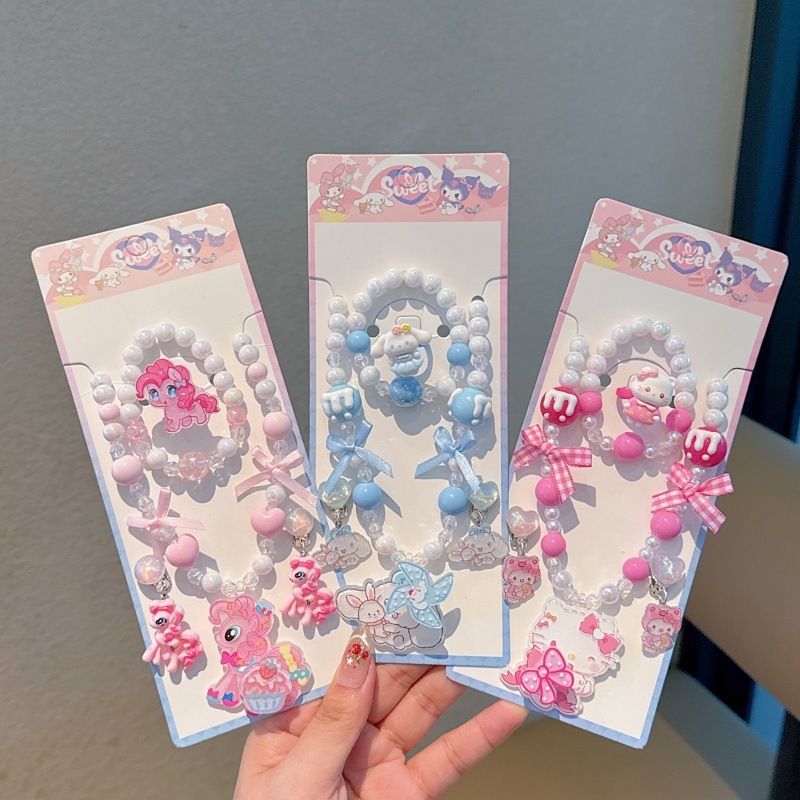 韩版甜美流行儿童首饰串珠项链手链耳夹5件套儿童项链手链套装|undefined