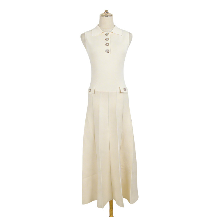 Summer New Style Sleeveless Knitted Dress Wholesale Cross-Border Supply Source Lapel Metal Buckle Waist-Cinching Vest Long Dress Summer New Style Sleeveless Knitted Dress Wholesale Cross-Border Supply Source Lapel Metal Buckle Waist-Cinching Vest Long Dress