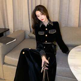 小香风丝绒连衣裙秋季女2023新款感收腰显瘦内搭法式黑色长裙