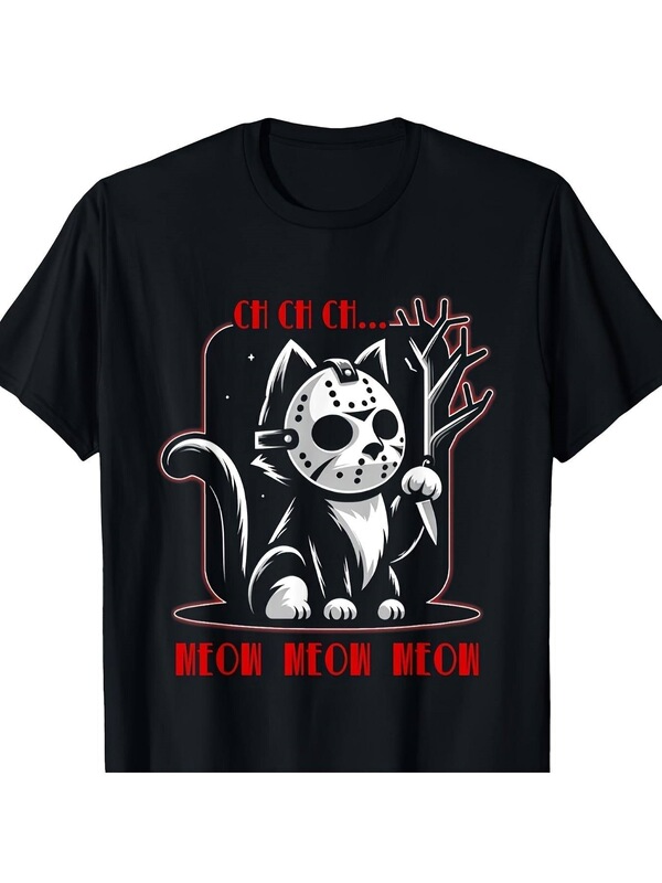 Men's Cat-Themed Horror T-Shirt - g All-Season Christmas Crew Neck T-Shirt with Meow Meow Meow Print Men's Cat-Themed Horror T-Shirt - g All-Season Christmas Crew Neck T-Shirt with Meow Meow Meow Print