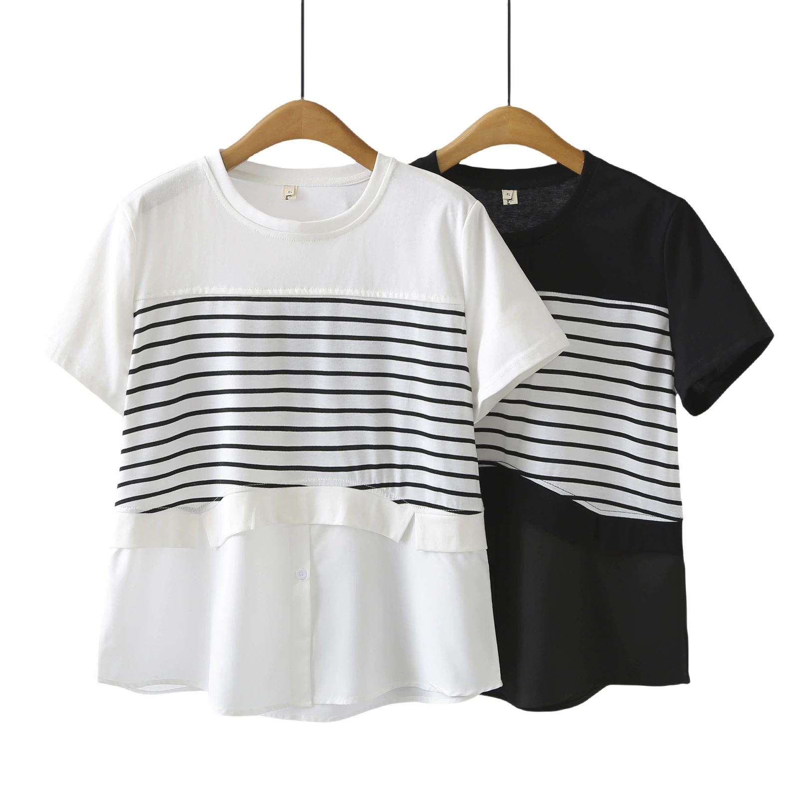 Плюс размер, полосатая трикотажная футболка с короткими рукавами для полных девочек, летний новый дизайн, имитация двух предметов, топ 805