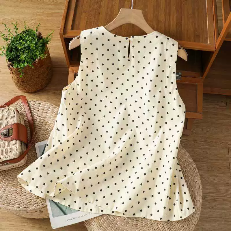 Безрукавный жилет из льна и хлопка в горох, трапециевидный край, тонкий летний топ (абрикос/tingling)