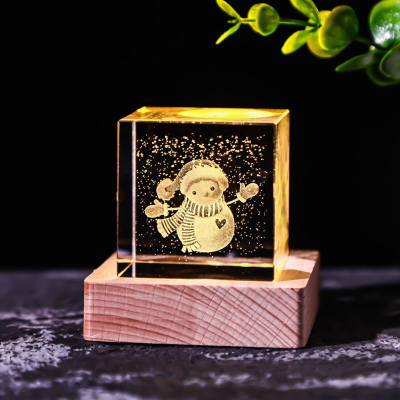 Cubo de cristal decoración interruptor de luz cálida base de madera talla interior Luna Sistema Solar Galaxy decoración de escritorio regalo de niña