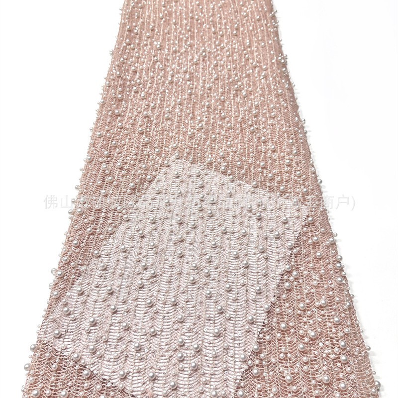 Tejido de malla de perlas hechas a mano de alto grado ondulado vertical tridimensional bordado de perlas vestido de boda tela de diseño
