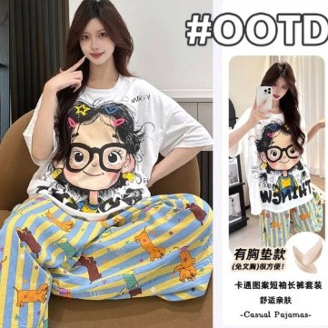 [Pantalones de manga larga] Comercio exterior ins pijamas coreanos transfronterizos cardigan de mujer dulce y simple cabello japonés de primavera y otoño