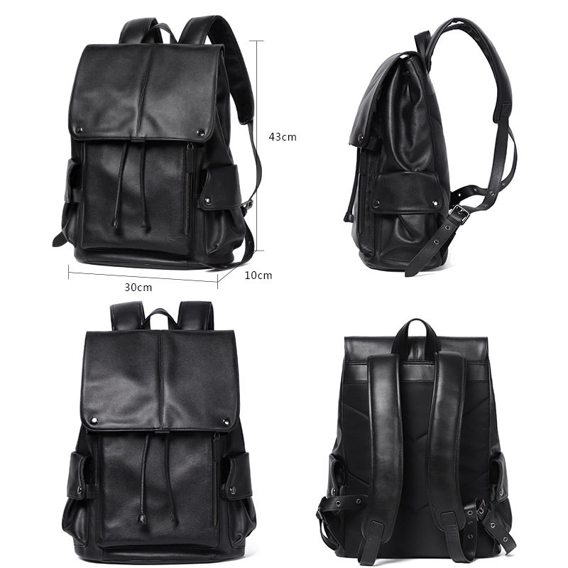 Ba lô da bò thật cho nam, kiểu dáng thời trang, đựng laptop 14 inch, dung tích 36–55L — Màu đen