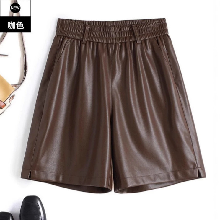 2026 Autumn New Korean Style Women's Leather Shorts Elastic Waist Leather Pants Five-Point Versatile Fashion Loose Leggings Plus Size