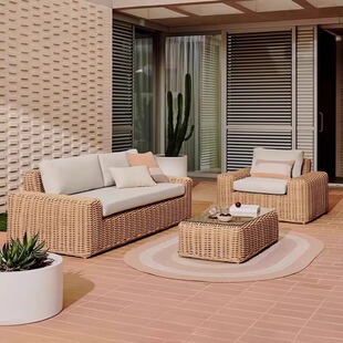 Outdoor Rattan Sofa Combination Terrace Outdoor Courtyard Waterproof Sun Protection Villa Garden Nordic Sofa Flower Table Furniture