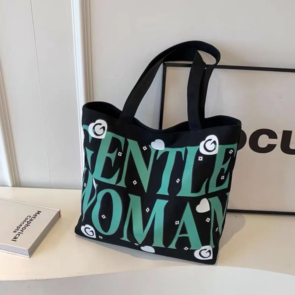 Student canvas bag, large-capacity tote bag, class commuting bag, versatile printed mommy hand bag, shoulder bag, shopping bag undefined