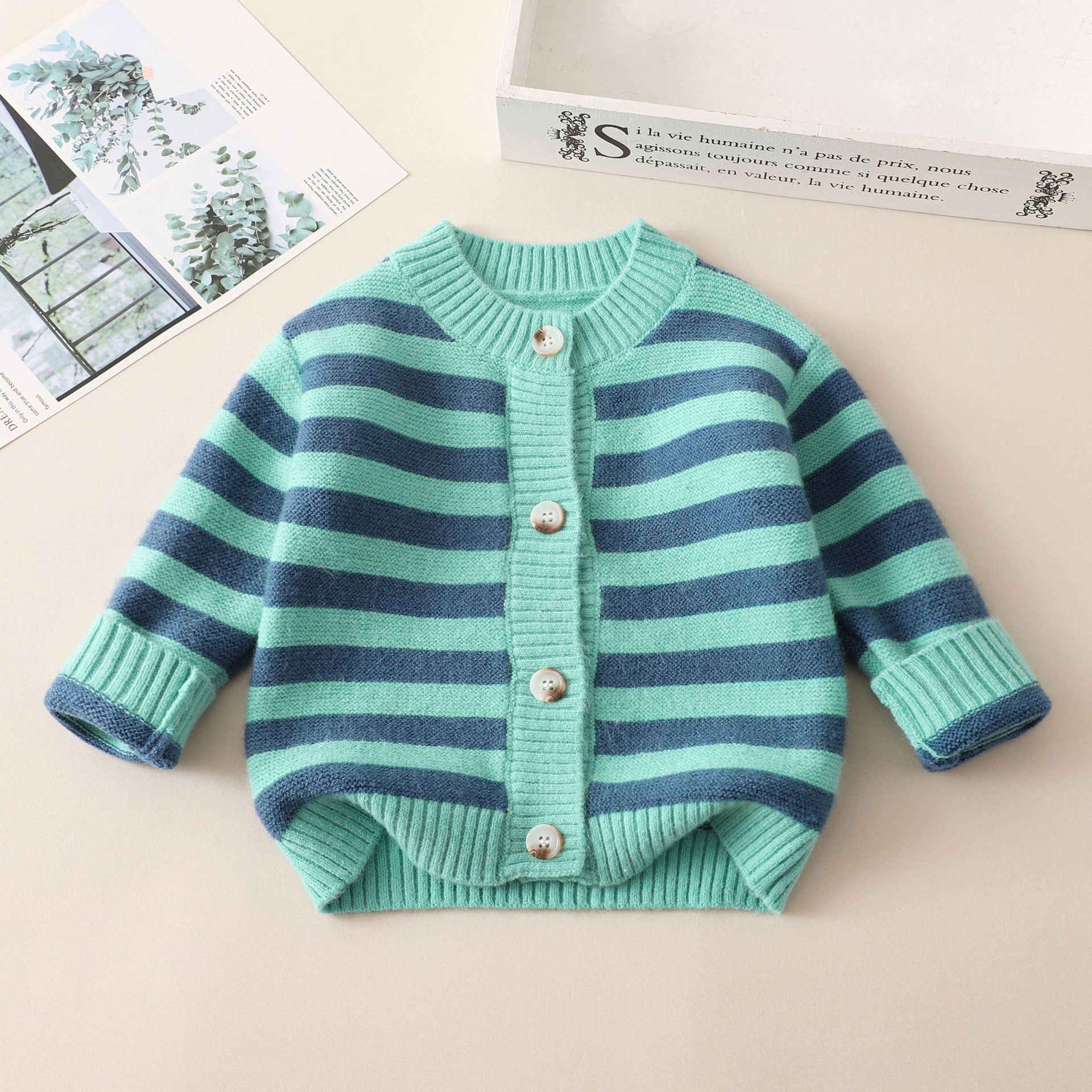 Boys' Cardigan Sweater Spring 2025 Korean Style Children's Clothing Stylish Striped Stretch Knitted Cardigan
