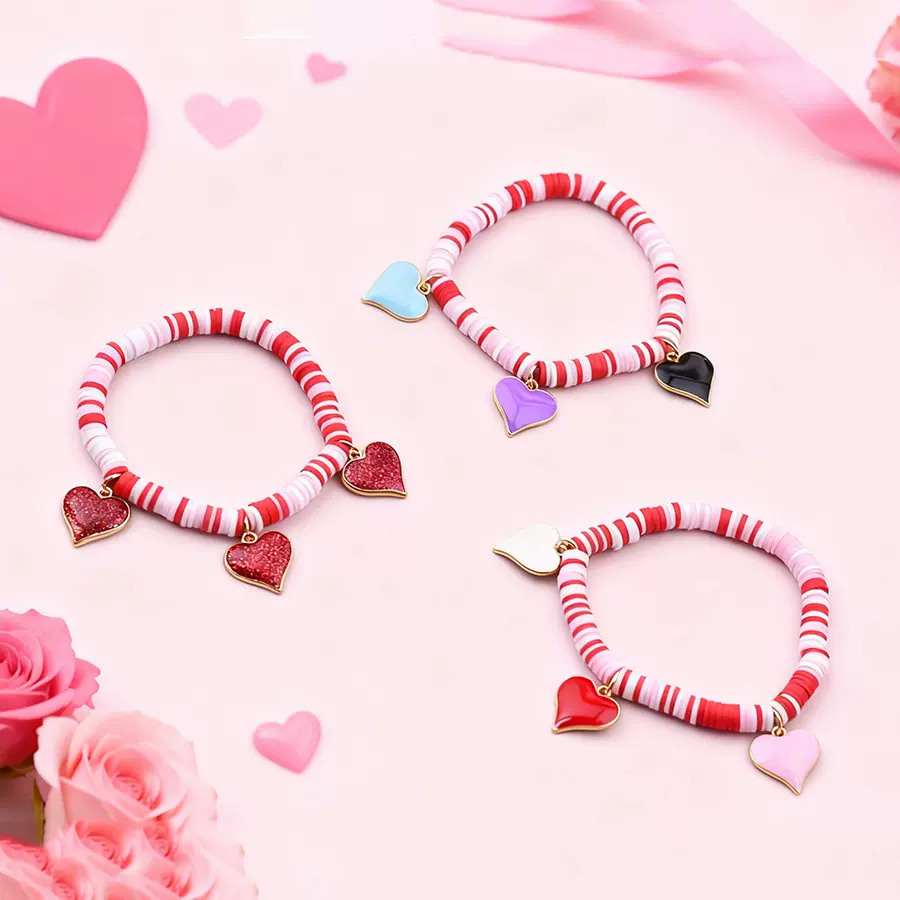 跨境情人节软陶字母爱心文字手链闪粉桃心吊坠粉色少女蝴蝶结手饰