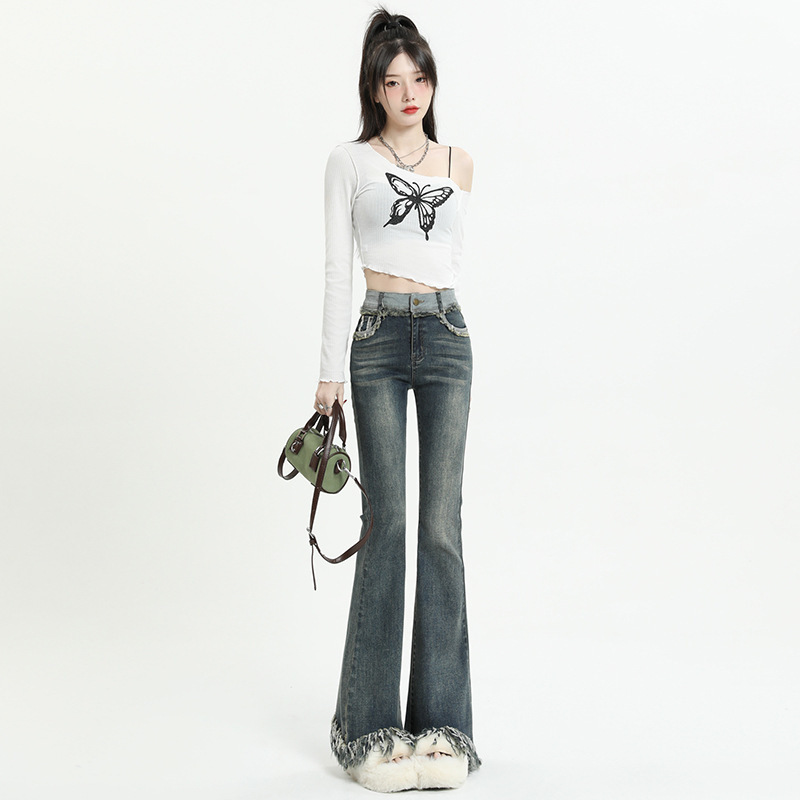 Vintage Hot Girl Tassel Flared Jeans for Women, Spring Plus Size Stretch Slimming High Waist Frayed Hem Floor-Length Pants