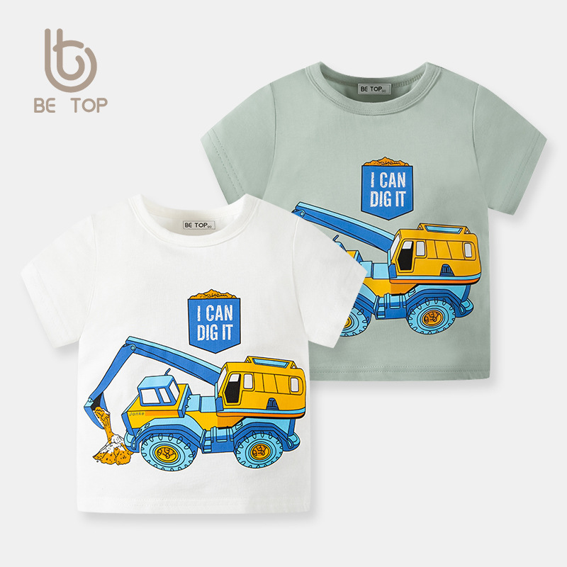 Personalizada de verano para niños de dibujos animados coche camiseta de manga corta excavadora impresión chaqueta ropa de bebé ropa de moda para niños muestra