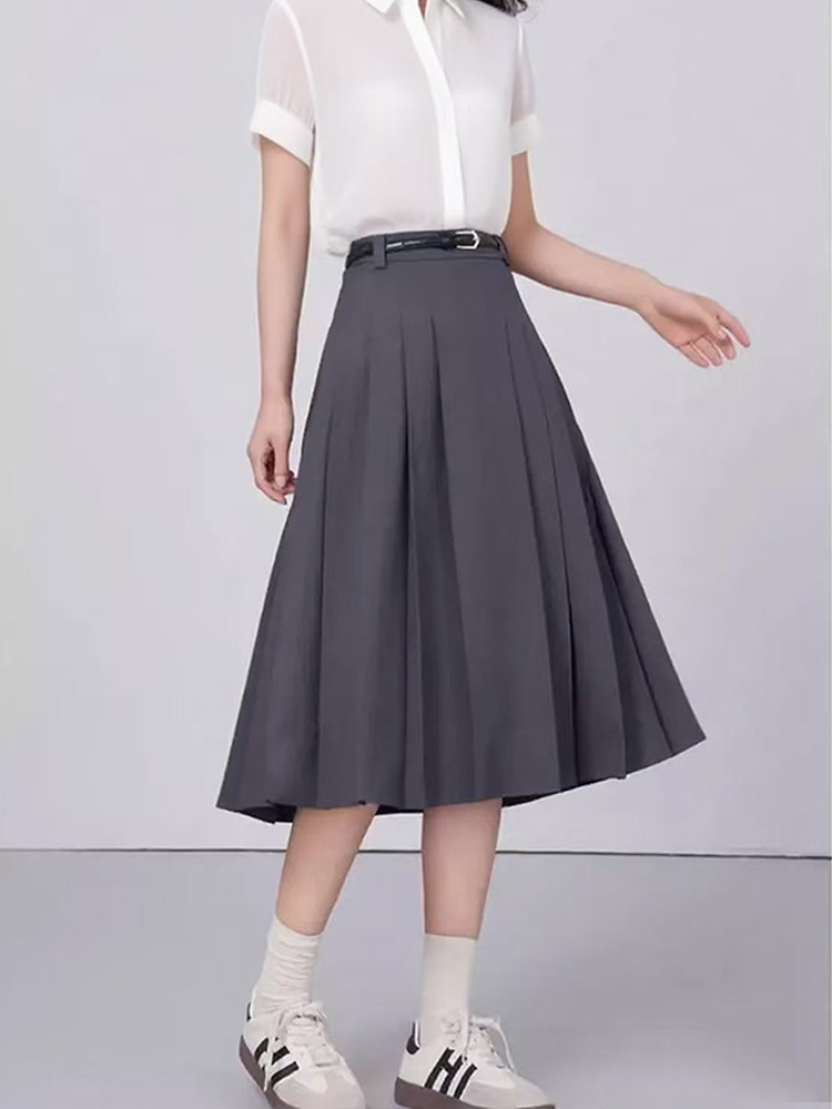 Chân váy xếp ly nữ dáng chữ A lưng cao dài qua gối — đen chi tiết 14