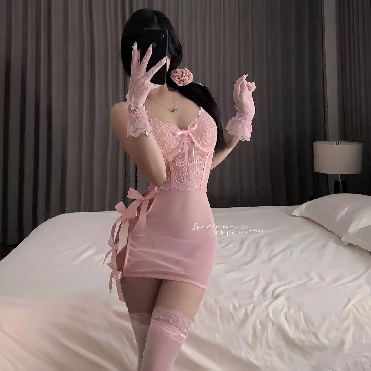 Purely Sexy See-Through Lace Patchwork Lingerie Set, Push-Up Effect, Bow-Tie Hip-Hugging Skirt, Lightweight Nightwear — detail image 1