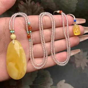 Natural beeswax Russian water drop pendant amber necklace chicken yellow with crystal chain women's jewelry wholesale