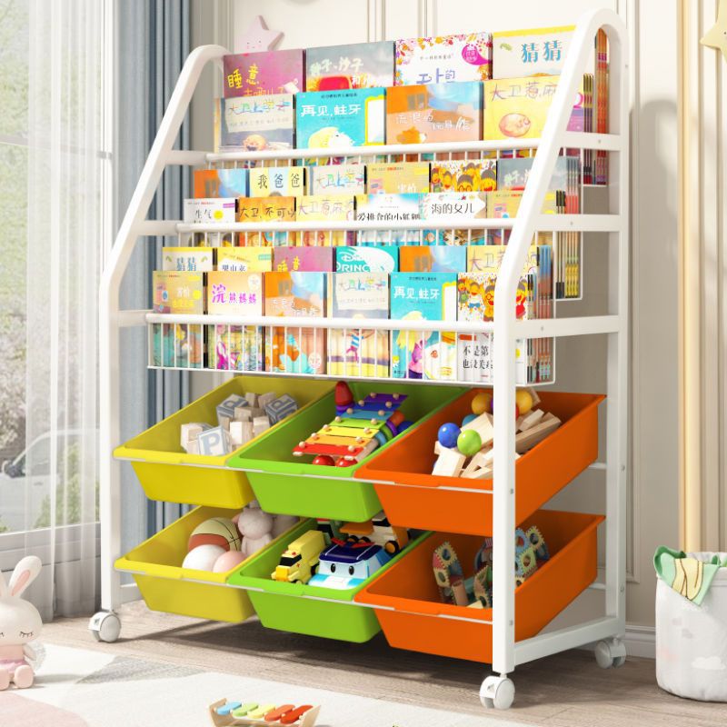 Estantería para niños Estante de almacenamiento de juguetes Estante de almacenamiento de clasificación multicapa móvil Estante de revista de hierro forjado multicapa de piso simple