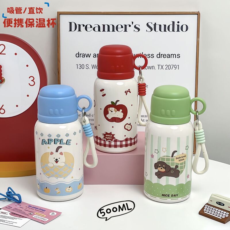 女の子用のかわいい水玉模様の子犬魔法瓶カップ、ストロー付き屋外ウォーターカップ、子供用ダブルドリンクカップ、注ぎ可能なウォーターカップ|undefined