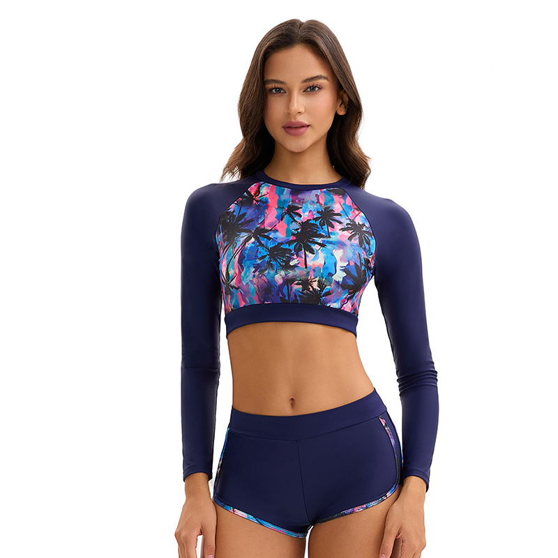 European and American Split Swimsuit Russian New Long-Sleeved Sun Protection Printing Cross-Border High-Waisted Boxer Women's Surfing Suit Swimsuit