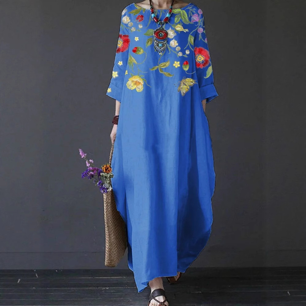 Independent Brand Printed Women's Clothing, European And American Three-quarter Sleeve Midi Dress, Floral Bohemian_ecoleips.com