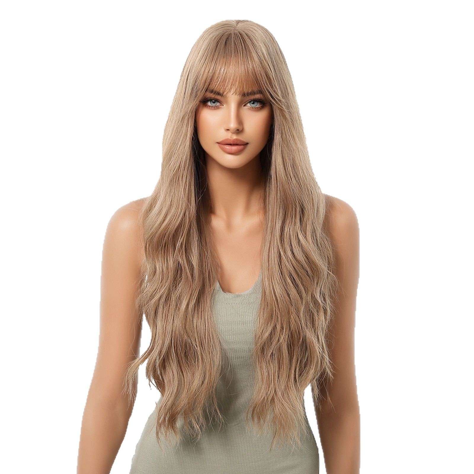 Comercio exterior nuevo aire flequillo estilo europeo y americano té con leche marrón ondas grandes cabello largo y rizado peluca cabello completo wigs