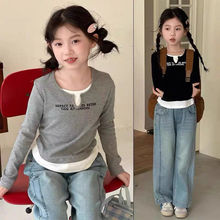 女童长袖t恤2025春装新款中大童韩系假两件上衣儿童秋装打底衫潮