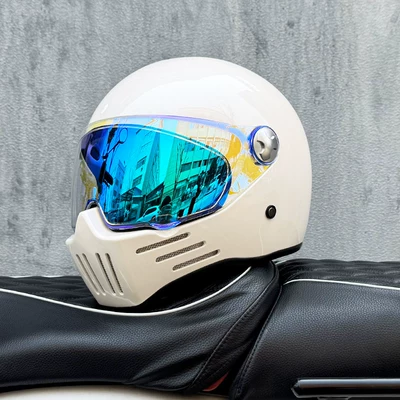 3C Certified Retro Motorcycle Helmet for Motosiklet kaskı (dəbilqə) - pearl-white-with-phantom-blue-night-vision-transparent-mirror-included-m