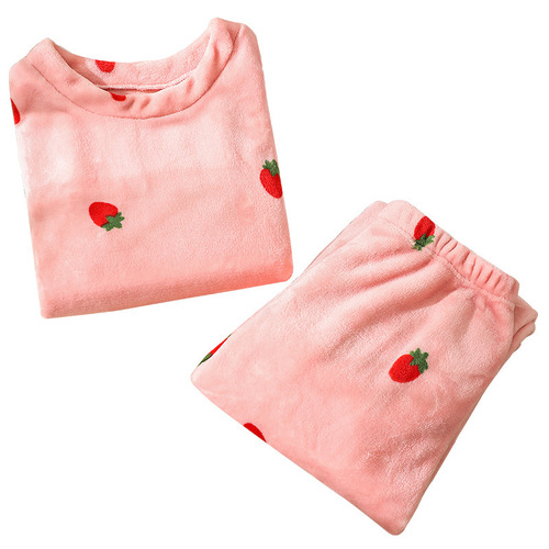 Coral velvet strawberry warm suit pajamas, women wear, autumn and winter warm home clothes, women can be girl style