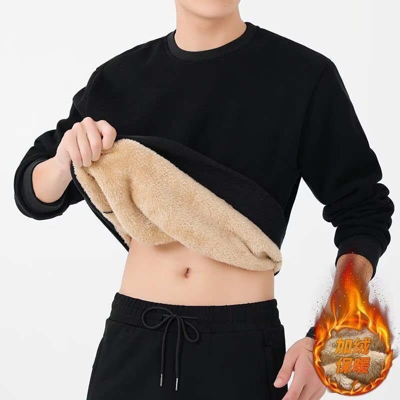 Factory Outlet fleece-lined Thickened Lamb Velvet Sweater Men's Autumn and Winter Round Neck Loose Base Shirt Warm Hat-less Top Factory Outlet fleece-lined Thickened Lamb Velvet Sweater Men's Autumn and Winter Round Neck Loose Base Shirt Warm Hat-less Top