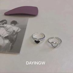 黑色愛心戒指女生ins潮小眾設計個性復古食指戒指環疊戴套裝戒子