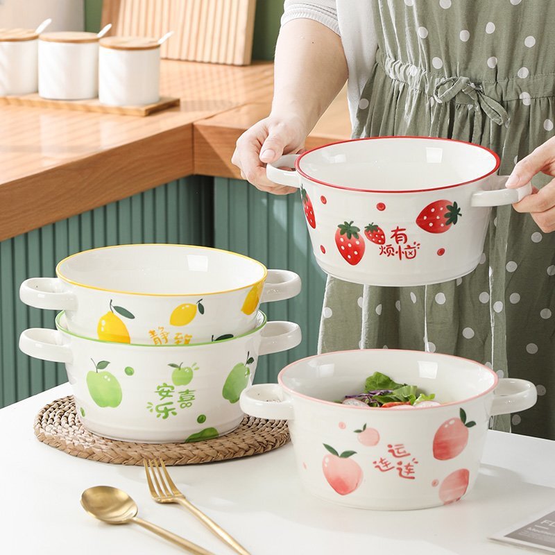 Fruit and Strawberry Double-Handle Soup Bowl, Large Household Ceramic Bowl, Noodle Bowl, Snail Noodle Bowl, Soup Serving Bowl, High Temperature Resistant