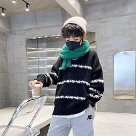 儿童男童条纹洋气毛衣套头秋冬款2023新款潮童装秋装男孩针织线衣