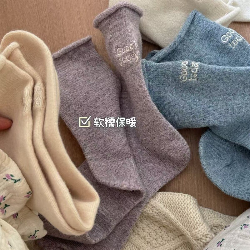 秋冬季保暖堆堆袜百搭日系GOODLUCK卷边软糯袜简约少女中筒袜子女|undefined