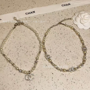 Small Fragrant Style Spring Court Retro Style Five-pointed Star with Diamond Pearl Necklace Double C Clavicle Chain Small Sweet Potato Same Style