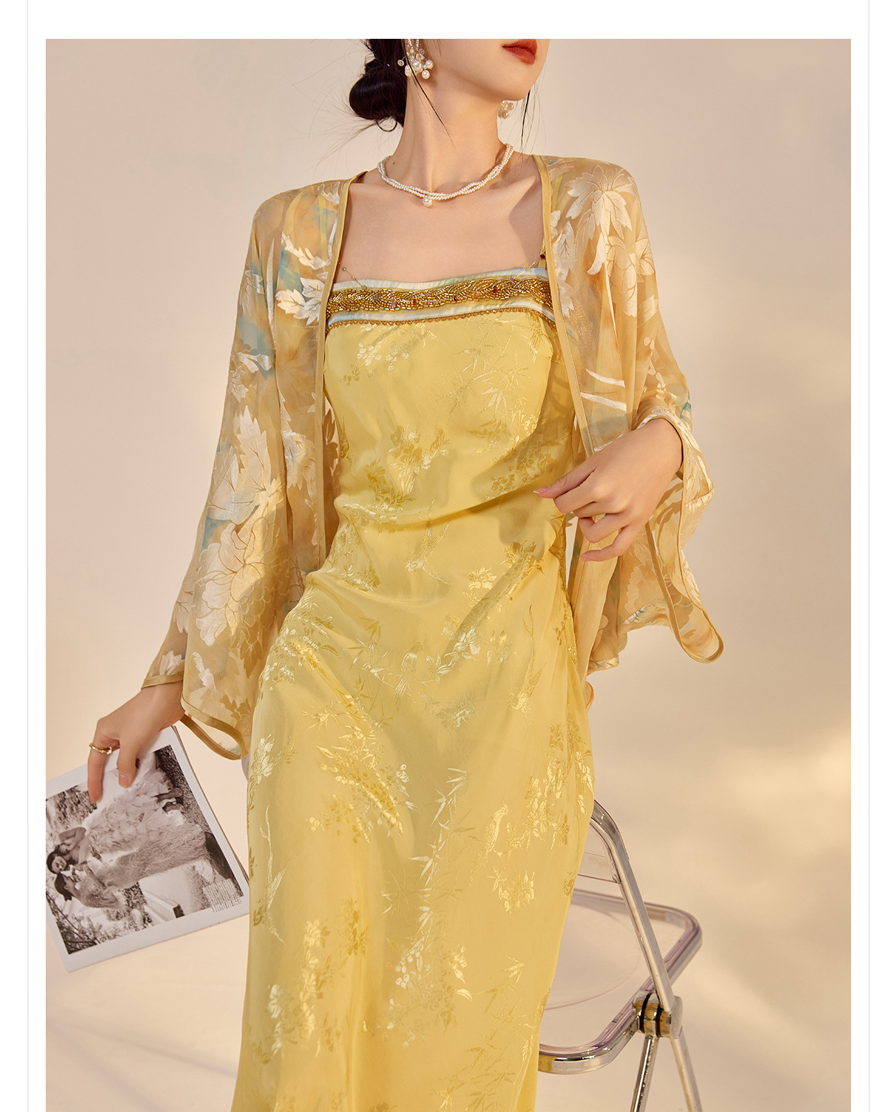 Bộ áo khoác cardigan thêu và váy hai dây phong cách retro mùa hè — Áo vàng chanh, Váy hai dây chi tiết 12