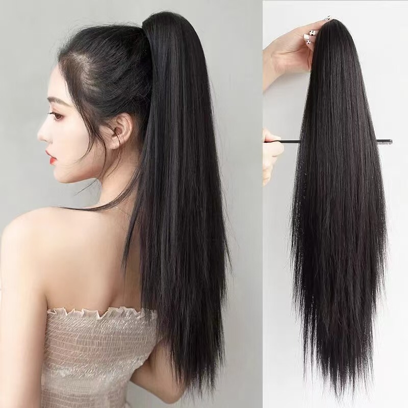 Wig Ponytail Women's Clip-On Extra Long Elegant Natural and Realistic Internet Celebrity Braid Long Hair Ultra-Light High Ponytail Long Straight Hair