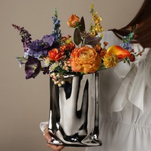 莫兰迪花瓶高级感轻奢摆件创意电镀银色陶瓷花瓶仿真花鲜花装饰品