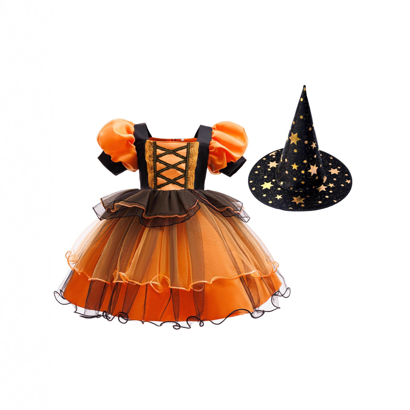 Nuevas vestidas de princesa de niñas transfronterizas vestidas de Halloween vestidas de brujas cosplay manga burbuja calabaza malla de tela