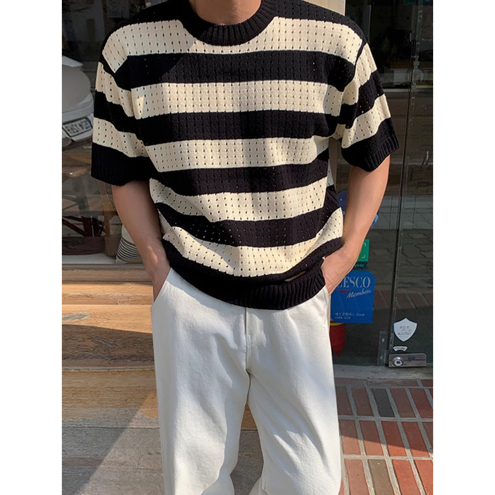 Verano nuevo estilo suéter de manga corta hueco rayas para hombres camiseta casual de negocios delgada de alto nivel comercio exterior al por mayor transfronterizo