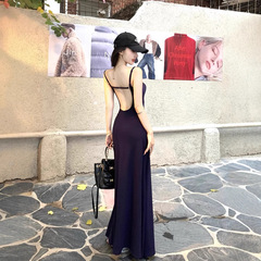 纯欲风美背吊带连衣裙女夏季蓝色修身收腰长裙显身材辣妹包臀裙子
