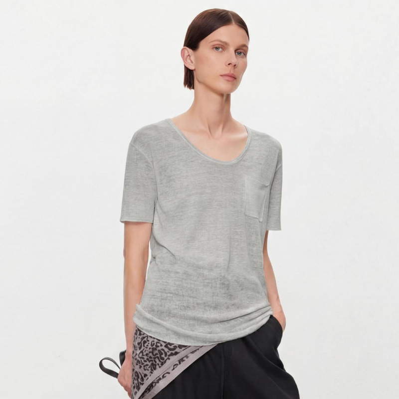 Joc Old Money Style Relaxed Linen Knit Short Sleeve Women's U-Neck Pocket Breathable Slimming Commuter T-Shirt