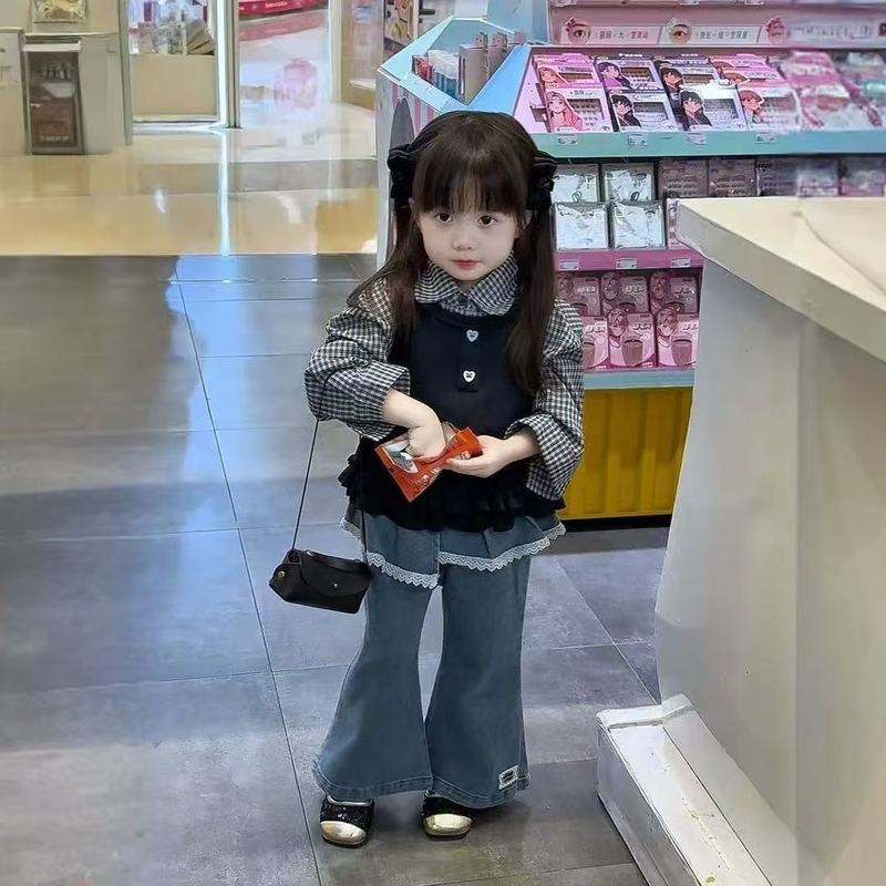 女宝韩版套装秋新款儿童洋气花边背心翻领格子衫屁帘微喇裤31027|undefined