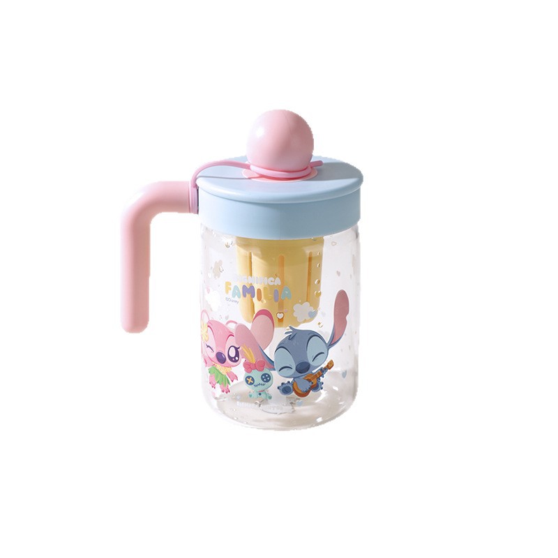 Taza de vidrio de separación de té Stitch nueva taza de paja de vidrio de borosilicato taza de té de dibujos animados taza de agua con fugas de té