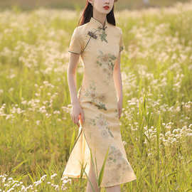 旗袍中国风女夏季复古花朵女装中长款年轻款改良WWW连衣裙