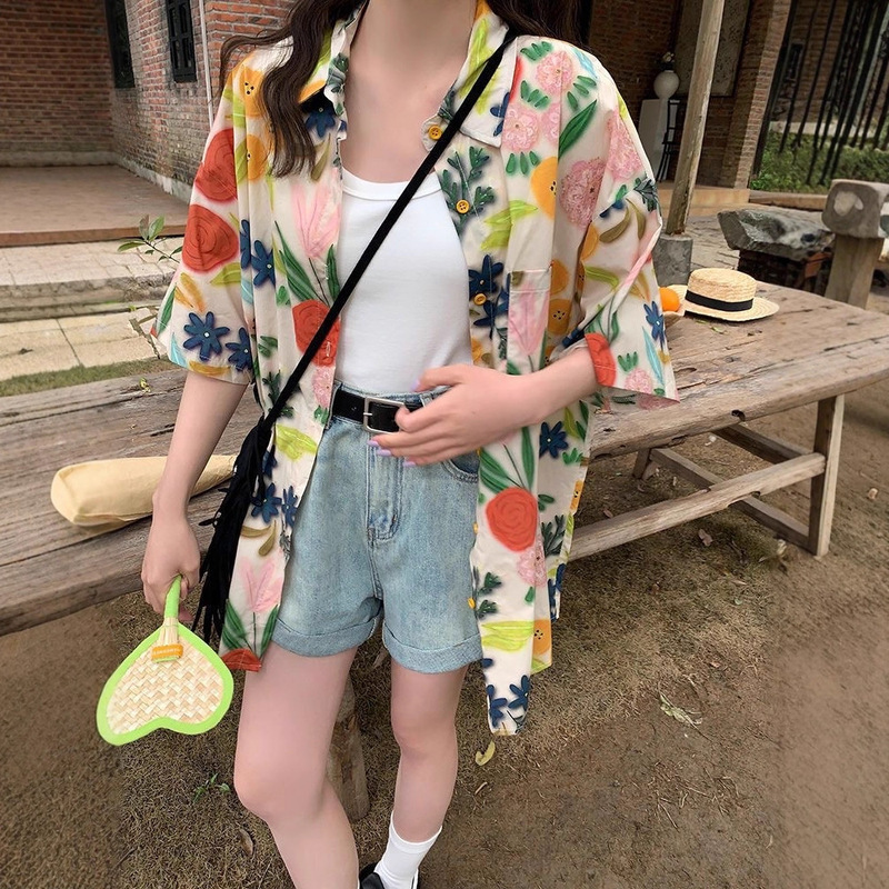 港风短袖花衬衫泰式夏威夷海边宽松衬衣随性慵懒垂感清凉夏上衣女|undefined